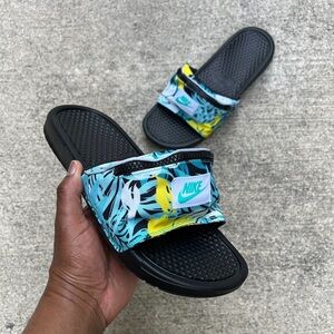 NIKE BENASSI JDI PRINT FANNY PACK ZIPPER SLIDES HYPER TEAL JADE BLACK GOLD WHITE